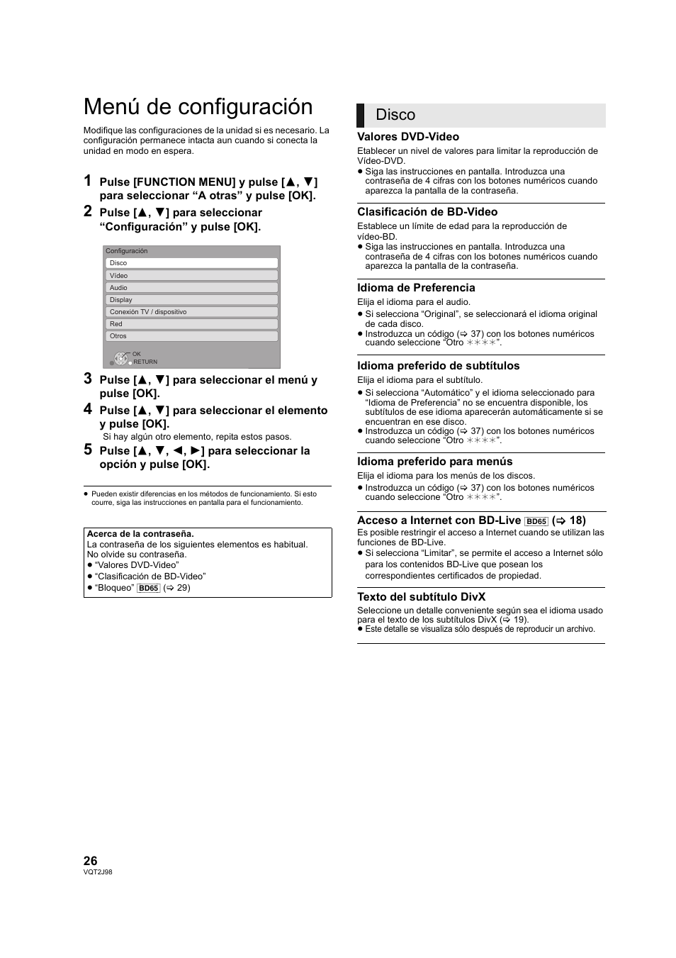 Menú de configuración, Discos (> 26), Ajustes del idioma. (> 26) | Disco | Panasonic DMPBD45EG User Manual | Page 26 / 40