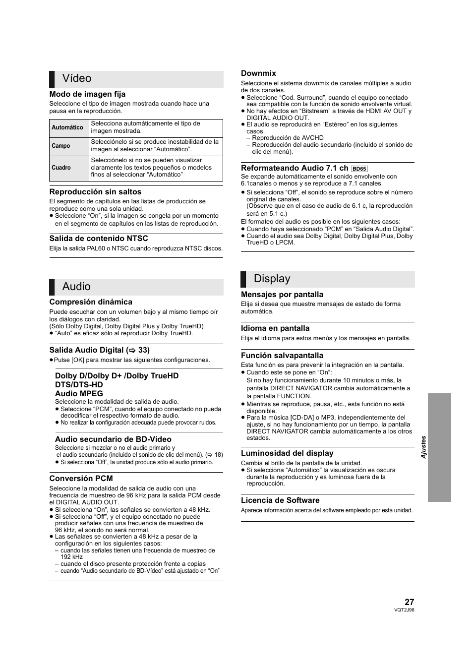 Ado (> 27), S.(> 27 – 29, Pcm” (> 27) | El audio secundario (> 27), 27). (sin embargo, en este, Vídeo, Audio, Display | Panasonic DMPBD45EG User Manual | Page 27 / 40