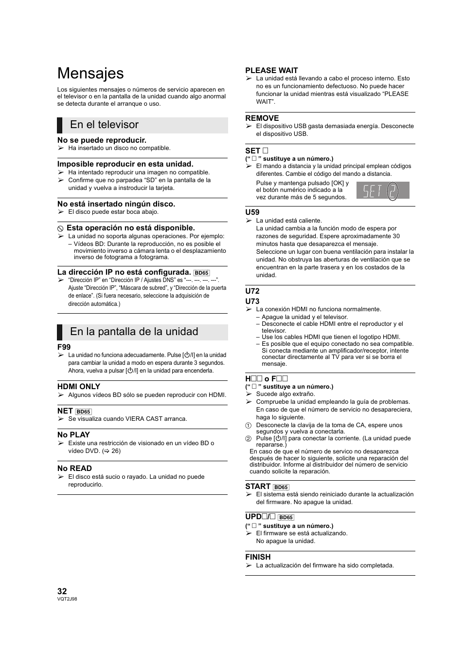 Mensajes, En el televisor en la pantalla de la unidad | Panasonic DMPBD45EG User Manual | Page 32 / 40