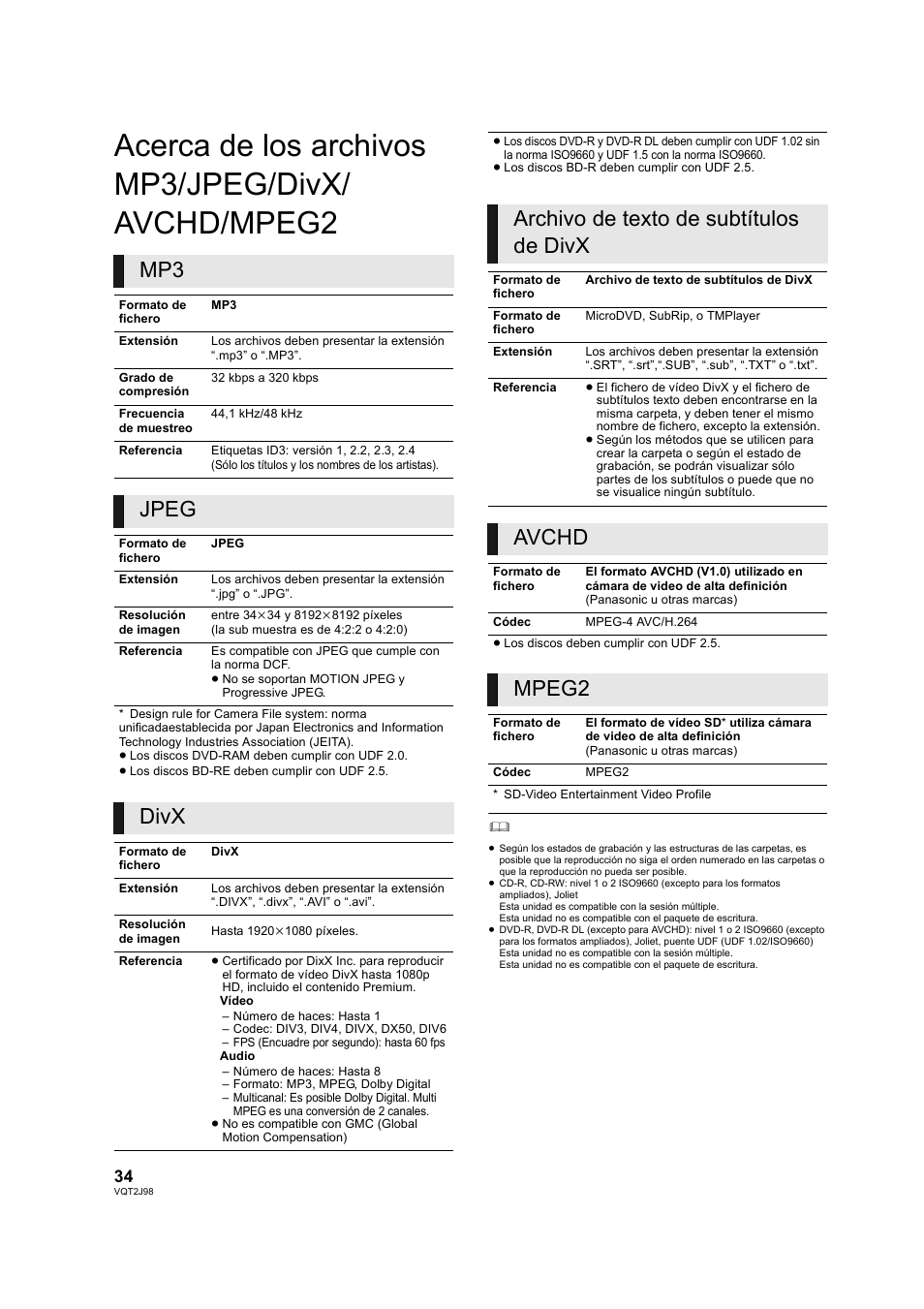 Acerca de los archivos mp3/jpeg/divx/ avchd/mpeg2, Acerca de los archivos mp3/jpeg/ divx/avchd/mpeg2, Jpeg | Divx, Archivo de texto de subtítulos de divx, Avchd, Mpeg2 | Panasonic DMPBD45EG User Manual | Page 34 / 40