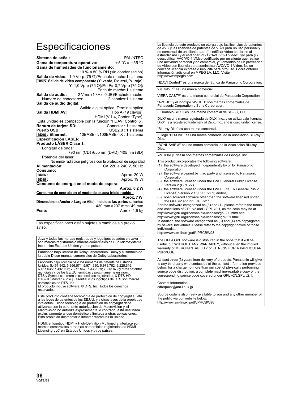 Especificaciones | Panasonic DMPBD45EG User Manual | Page 36 / 40