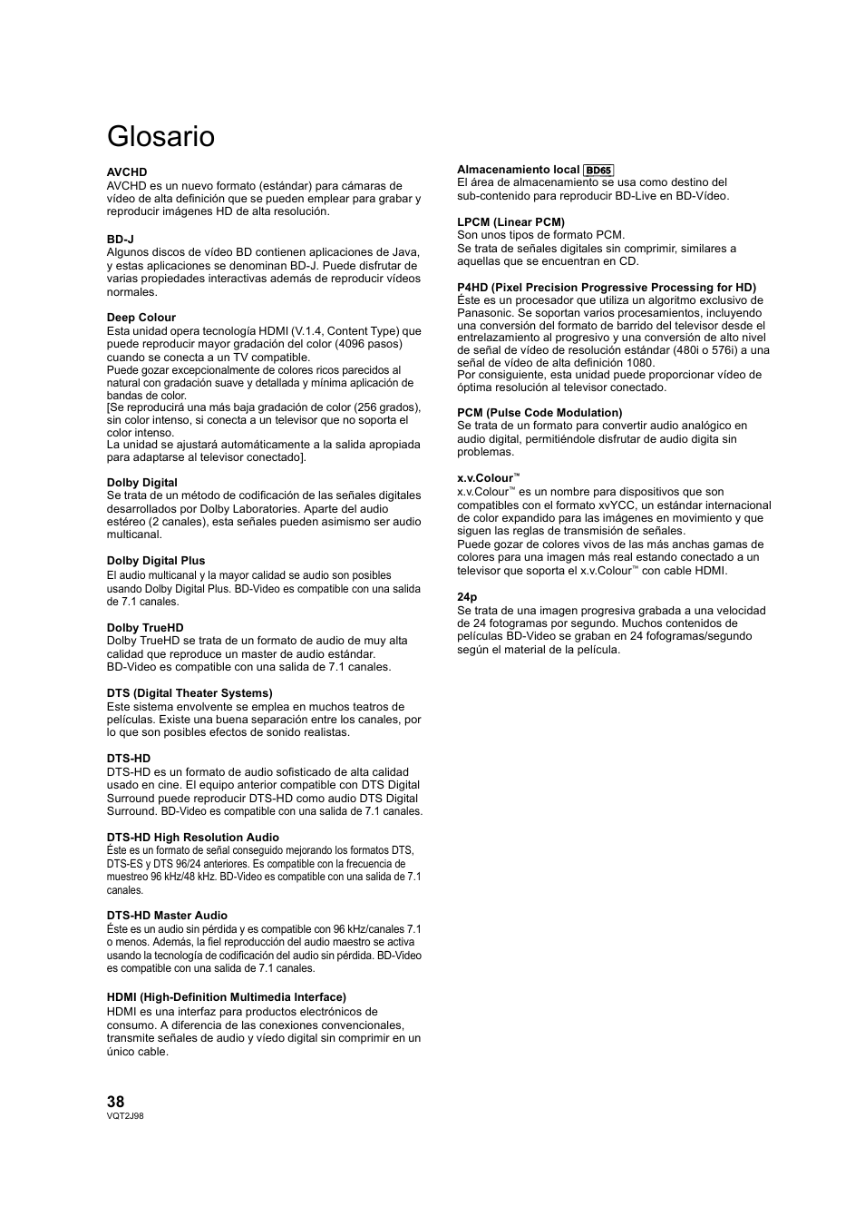 Glosario | Panasonic DMPBD45EG User Manual | Page 38 / 40