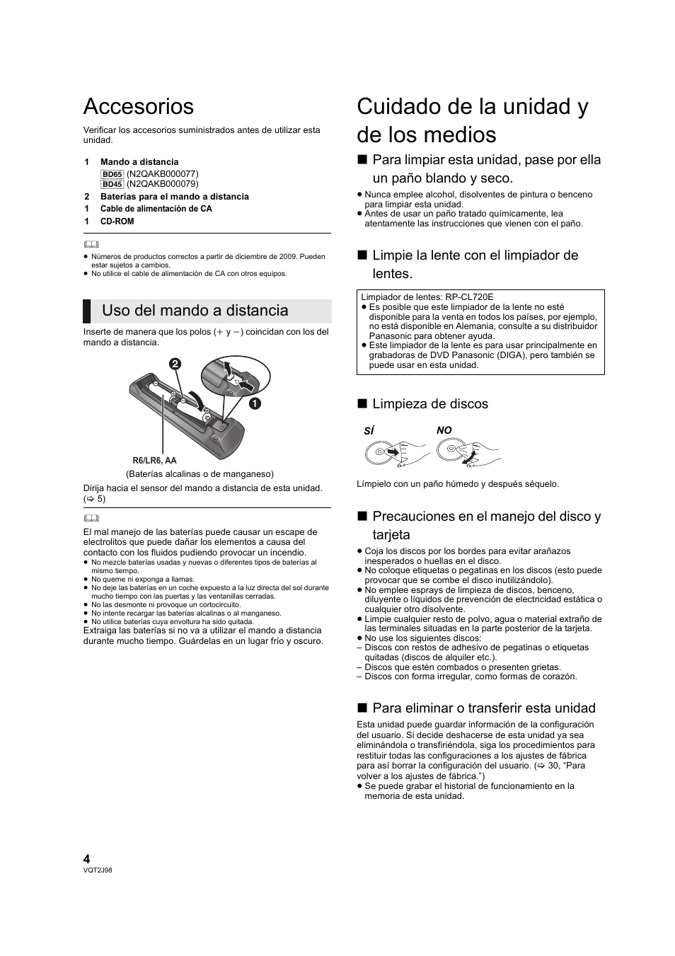 Preparativos, Accesorios, Cuidado de la unidad y de los medios | Prep, Arati, Accesorios cuidado de la unidad y de los medios, Uso del mando a distancia, Precauciones en el manejo del disco y tarjeta, Para eliminar o transferir esta unidad | Panasonic DMPBD45EG User Manual | Page 4 / 40