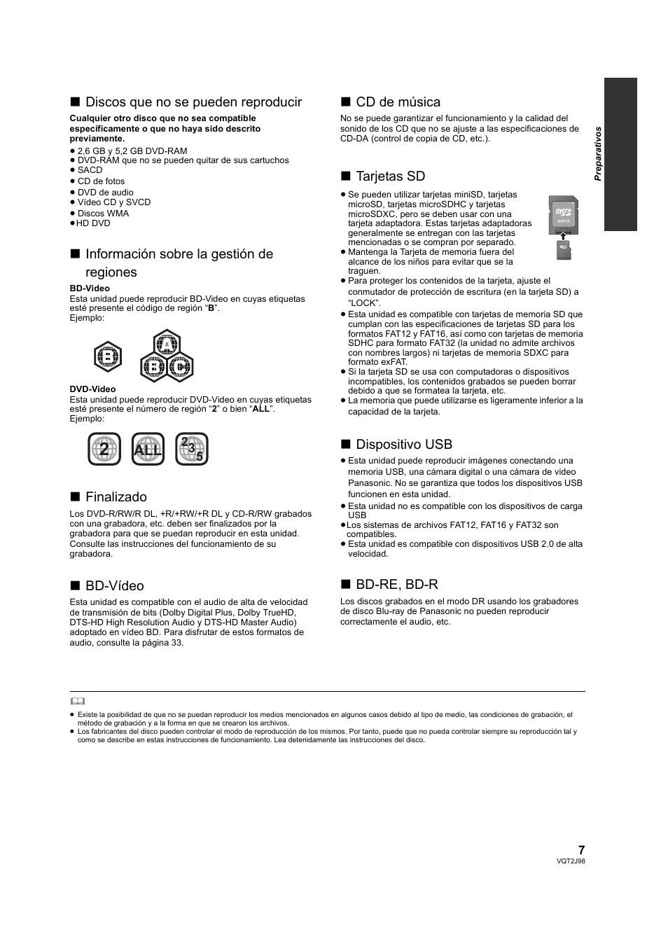 Discos que no se pueden reproducir, Información sobre la gestión de regiones, Finalizado | Bd-vídeo, Cd de música, Tarjetas sd, Dispositivo usb, Bd-re, bd-r | Panasonic DMPBD45EG User Manual | Page 7 / 40