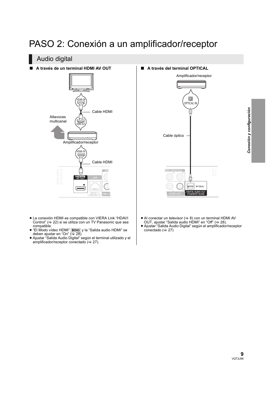 Paso 2: conexión a un amplificador/receptor, Paso 2: conexión a un amplificador, Receptor | Audio digital | Panasonic DMPBD45EG User Manual | Page 9 / 40