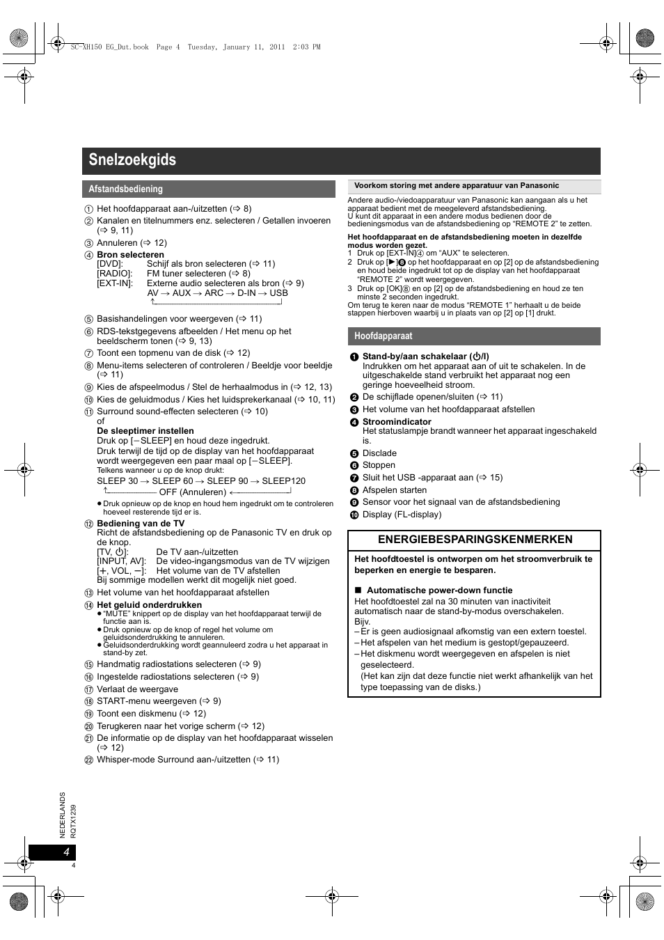 Snelzoekgids, Energiebesparingskenmerken | Panasonic SCXH150EG User Manual | Page 4 / 86