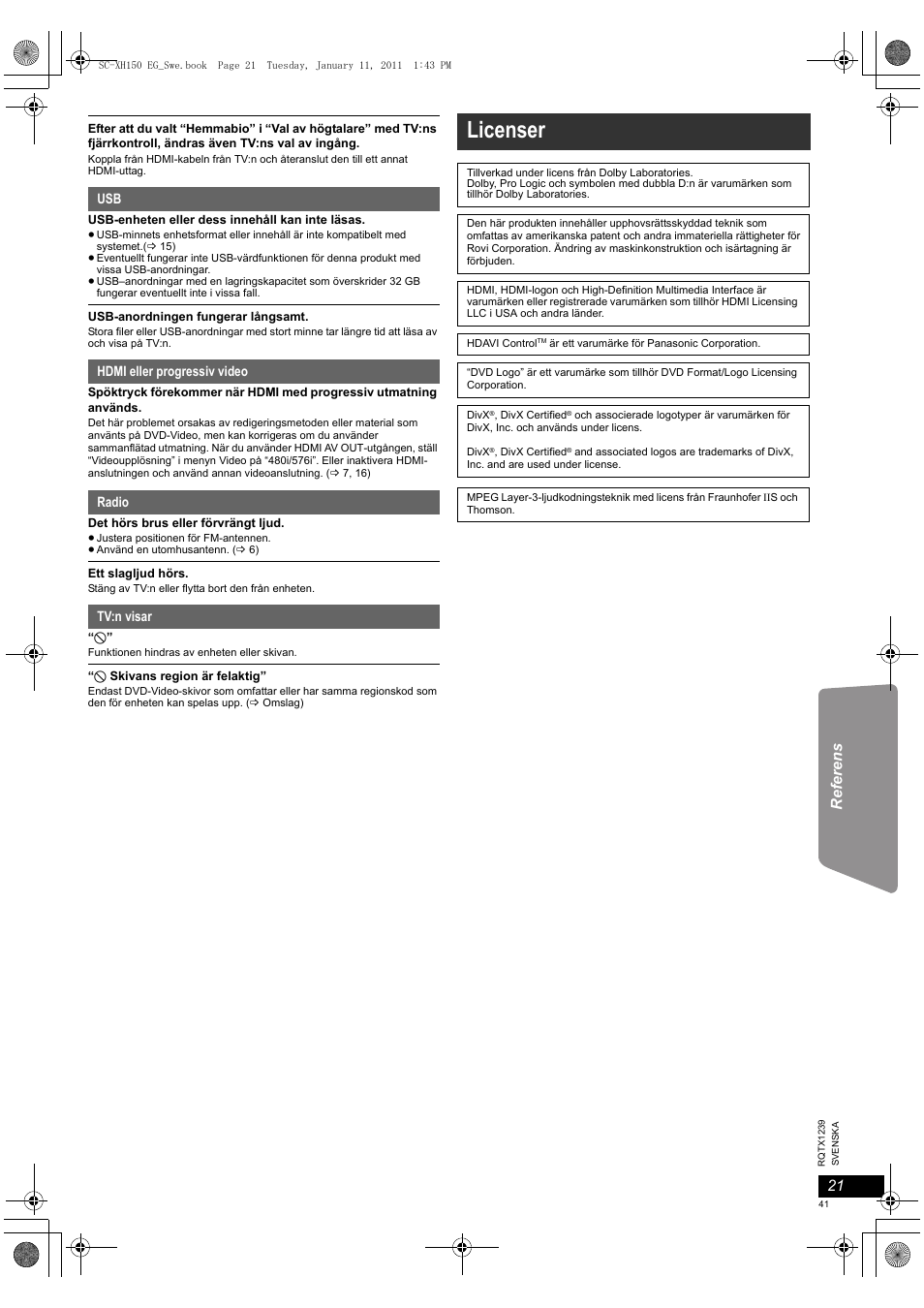 Licenser | Panasonic SCXH150EG User Manual | Page 41 / 86