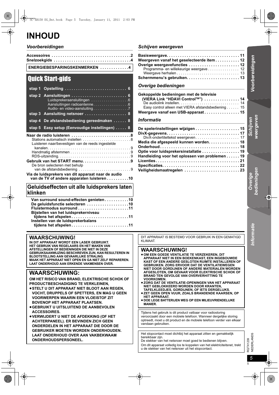 Inhoud, Quick start-gids, Waarschuwing | Panasonic SCXH150EG User Manual | Page 5 / 86