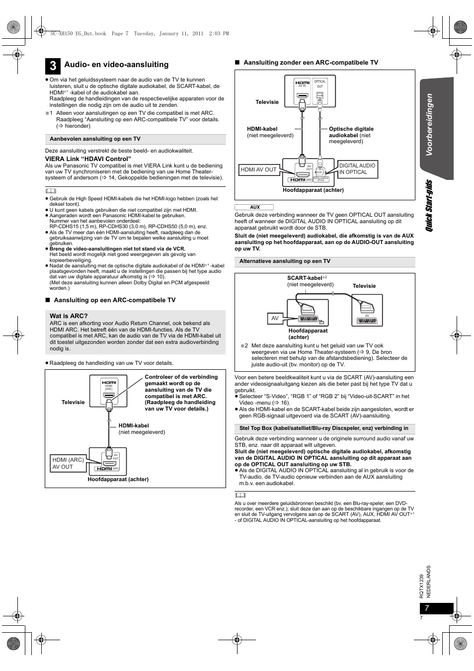 Quick start-gids, Vo orbe reidinge n, Audio- en video-aansluiting | Panasonic SCXH150EG User Manual | Page 7 / 86