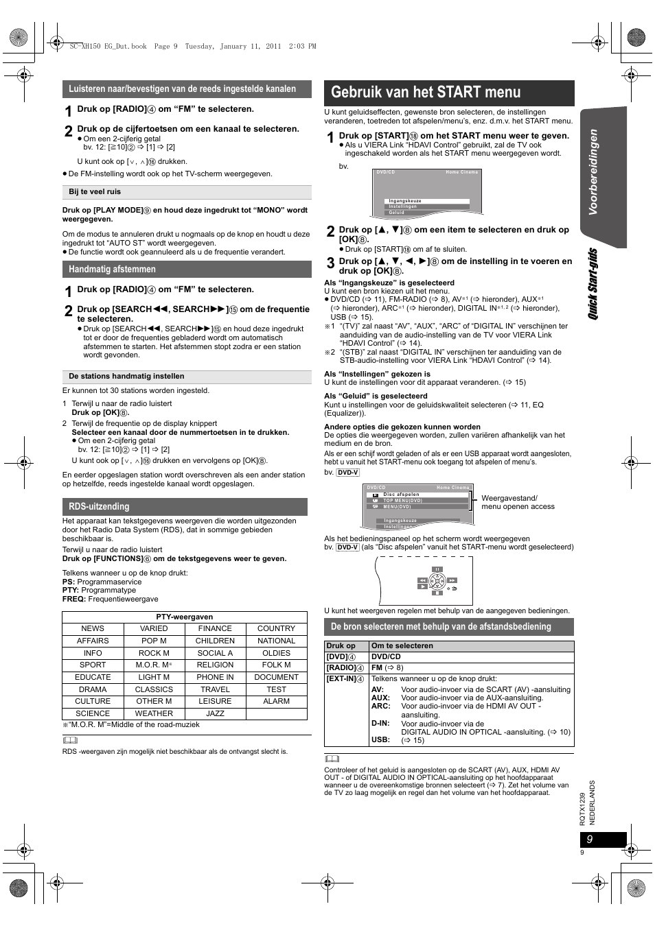 Gebruik van het start menu, Quick start-gids, Vo orbe reidinge n | Handmatig afstemmen, Rds-uitzending | Panasonic SCXH150EG User Manual | Page 9 / 86