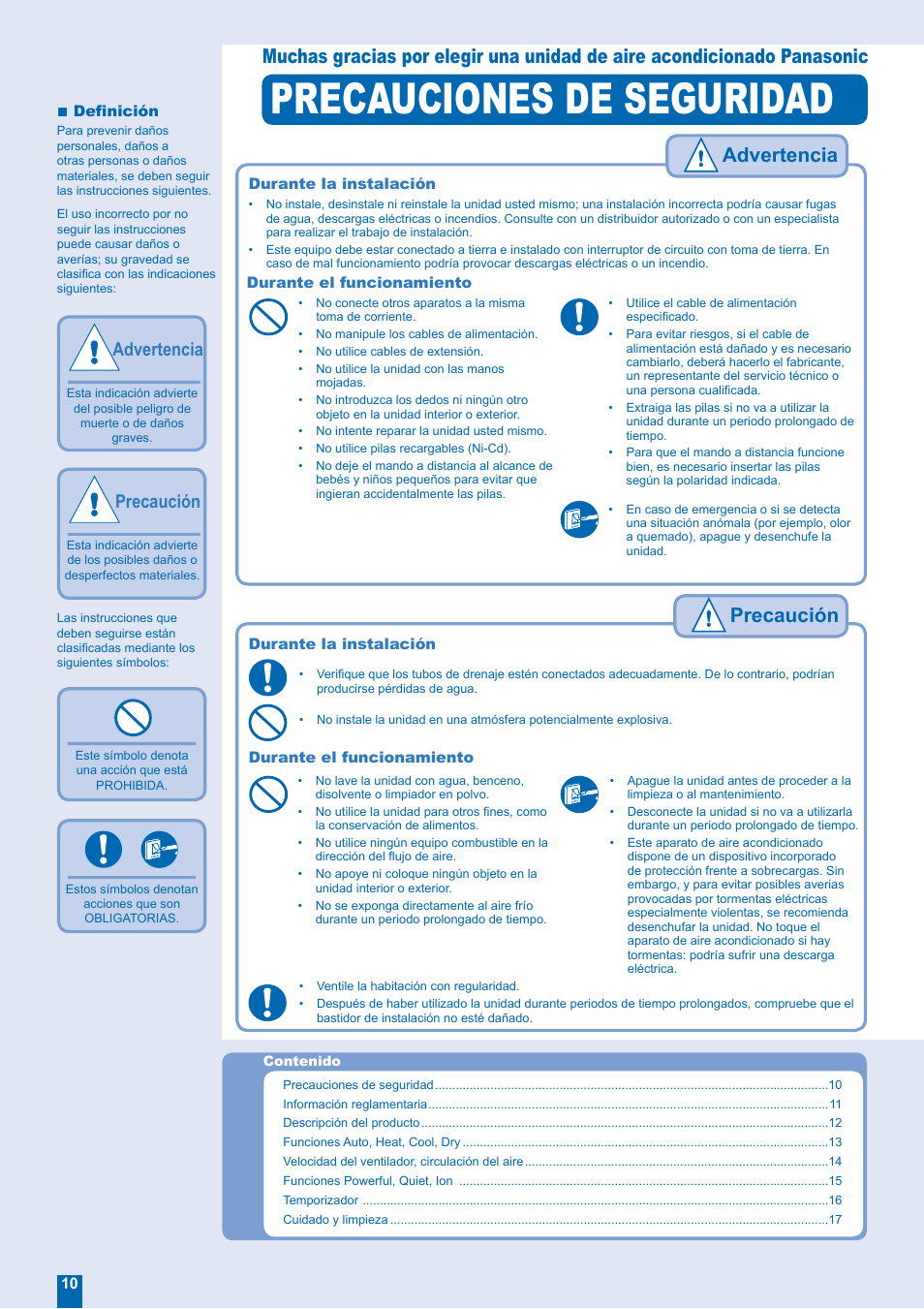 Precauciones de seguridad, Precaución, Advertencia | Advertencia precaución | Panasonic CUE24EKE User Manual | Page 2 / 12