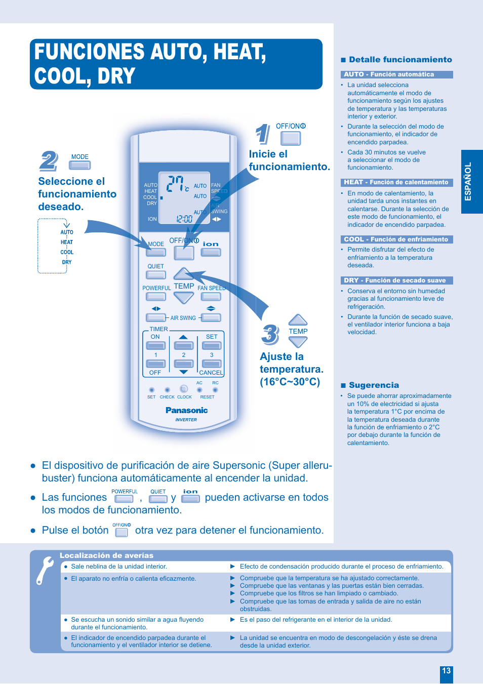 Funciones auto, heat, cool, dry | Panasonic CUE24EKE User Manual | Page 5 / 12