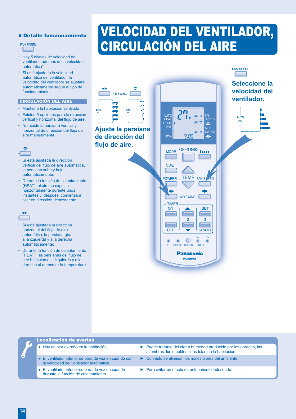 Velocidad del ventilador, circulación del aire, Seleccione la velocidad del ventilador, Ajuste la persiana de dirección del fl ujo de aire | Panasonic CUE24EKE User Manual | Page 6 / 12