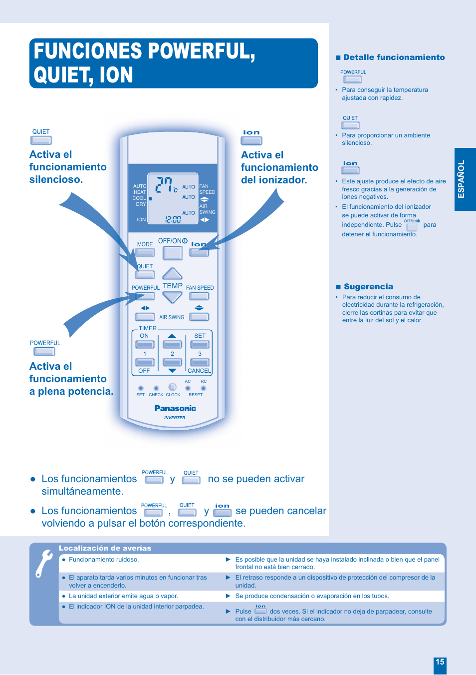 Funciones powerful, quiet, ion | Panasonic CUE24EKE User Manual | Page 7 / 12