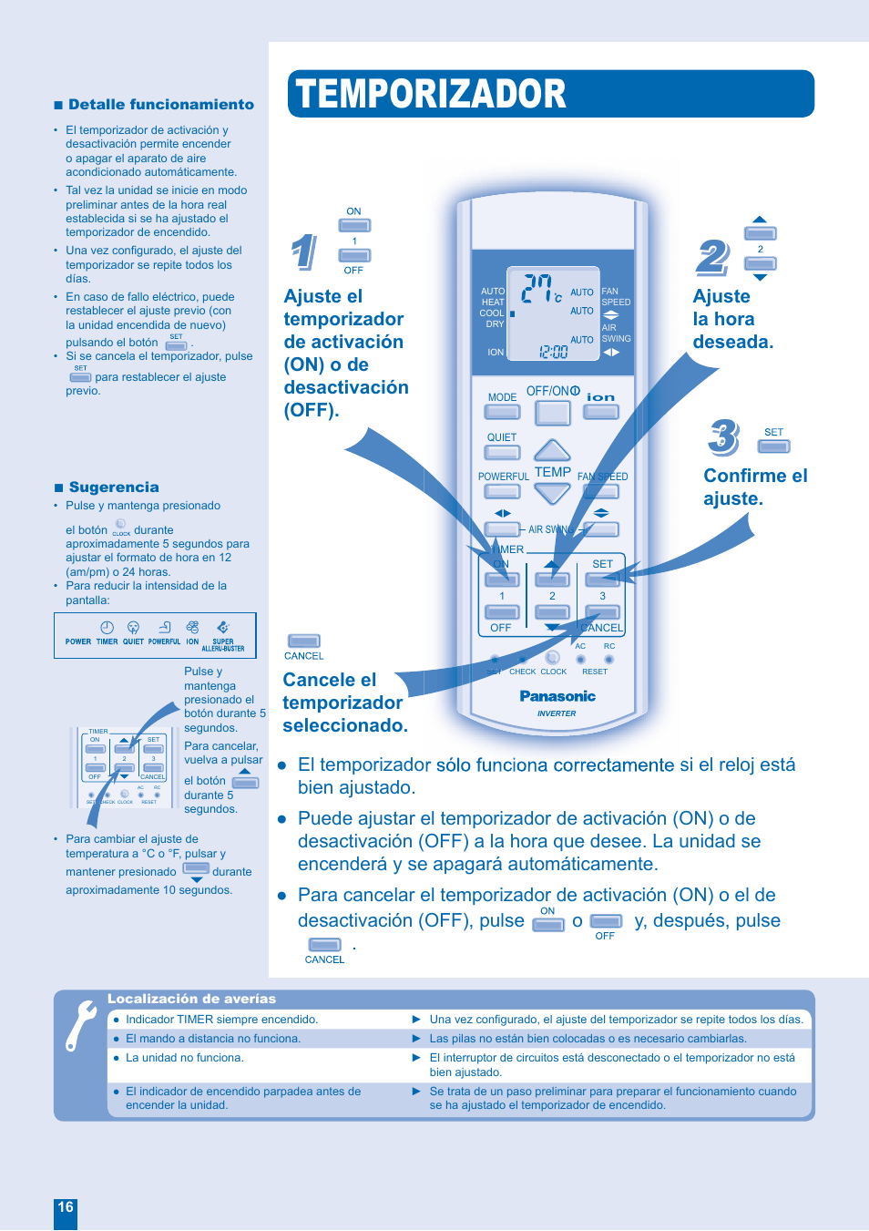 Temporizador, Ajuste la hora deseada, Confi rme el ajuste | Cancele el temporizador seleccionado | Panasonic CUE24EKE User Manual | Page 8 / 12