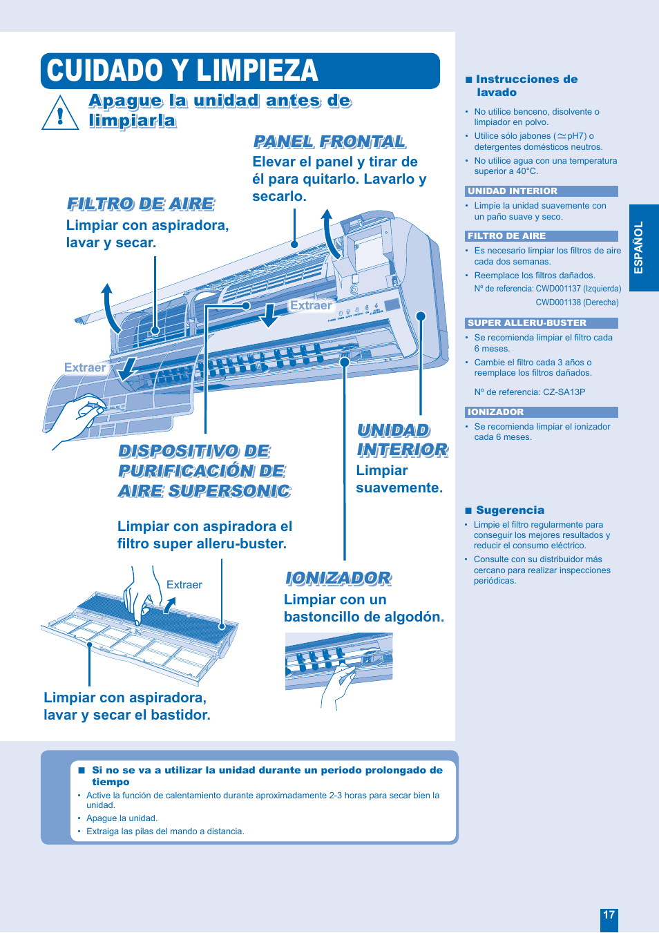 Cuidado y limpieza, Panel frontal, Filtro de aire | Ionizador | Panasonic CUE24EKE User Manual | Page 9 / 12