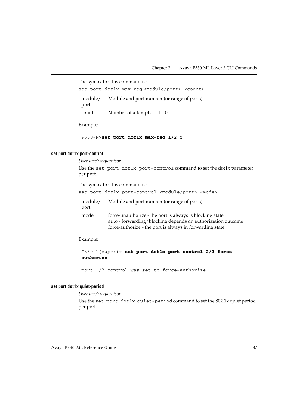 Set port dot1x port-control, Set port dot1x quiet-period | Avaya P330-ML-ML User Manual | Page 101 / 320