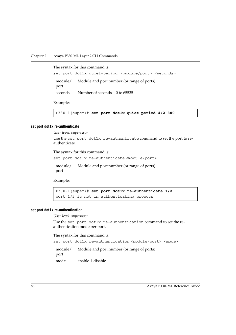 Set port dot1x re-authenticate, Set port dot1x re-authentication | Avaya P330-ML-ML User Manual | Page 102 / 320