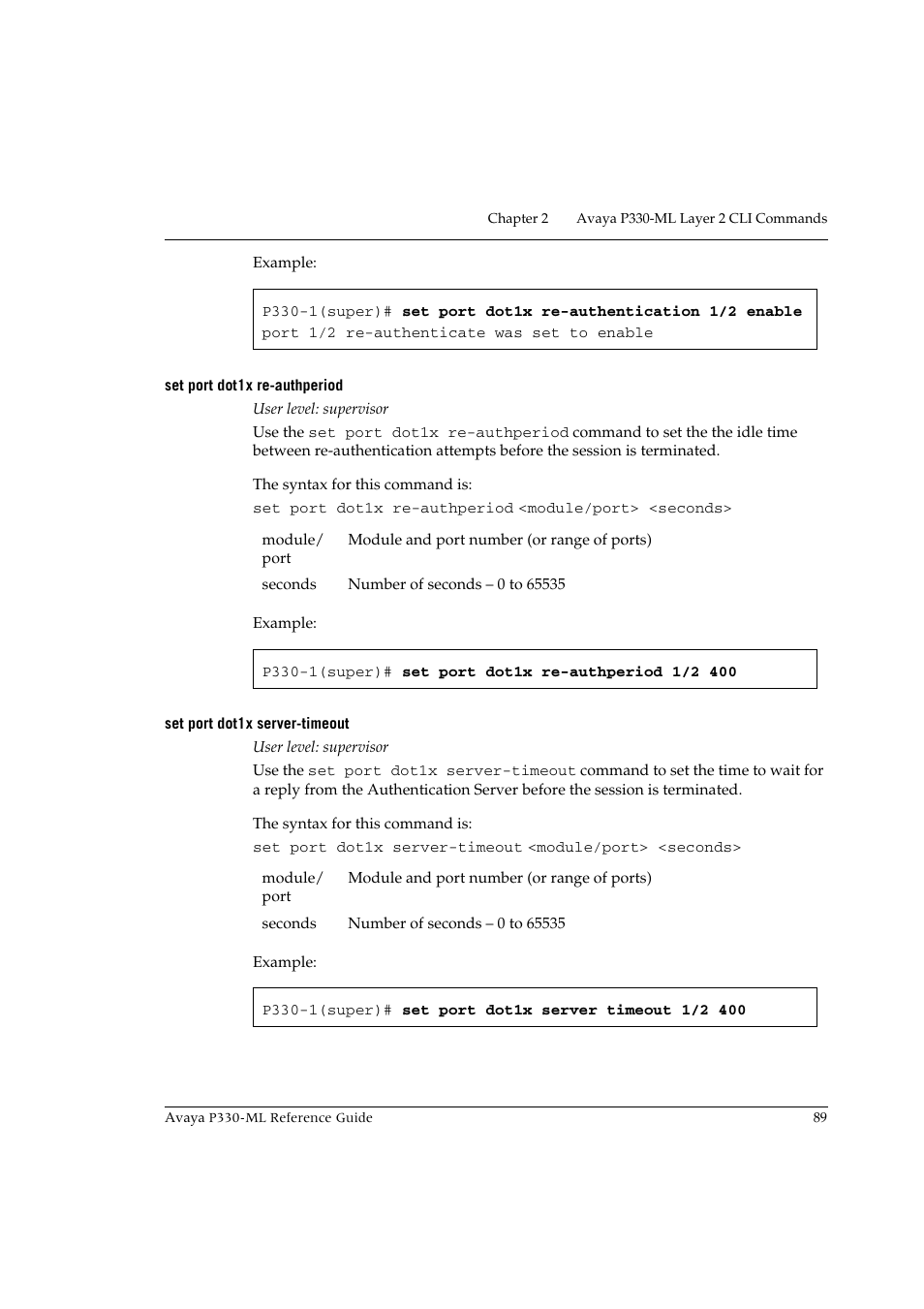 Set port dot1x re-authperiod, Set port dot1x server-timeout | Avaya P330-ML-ML User Manual | Page 103 / 320