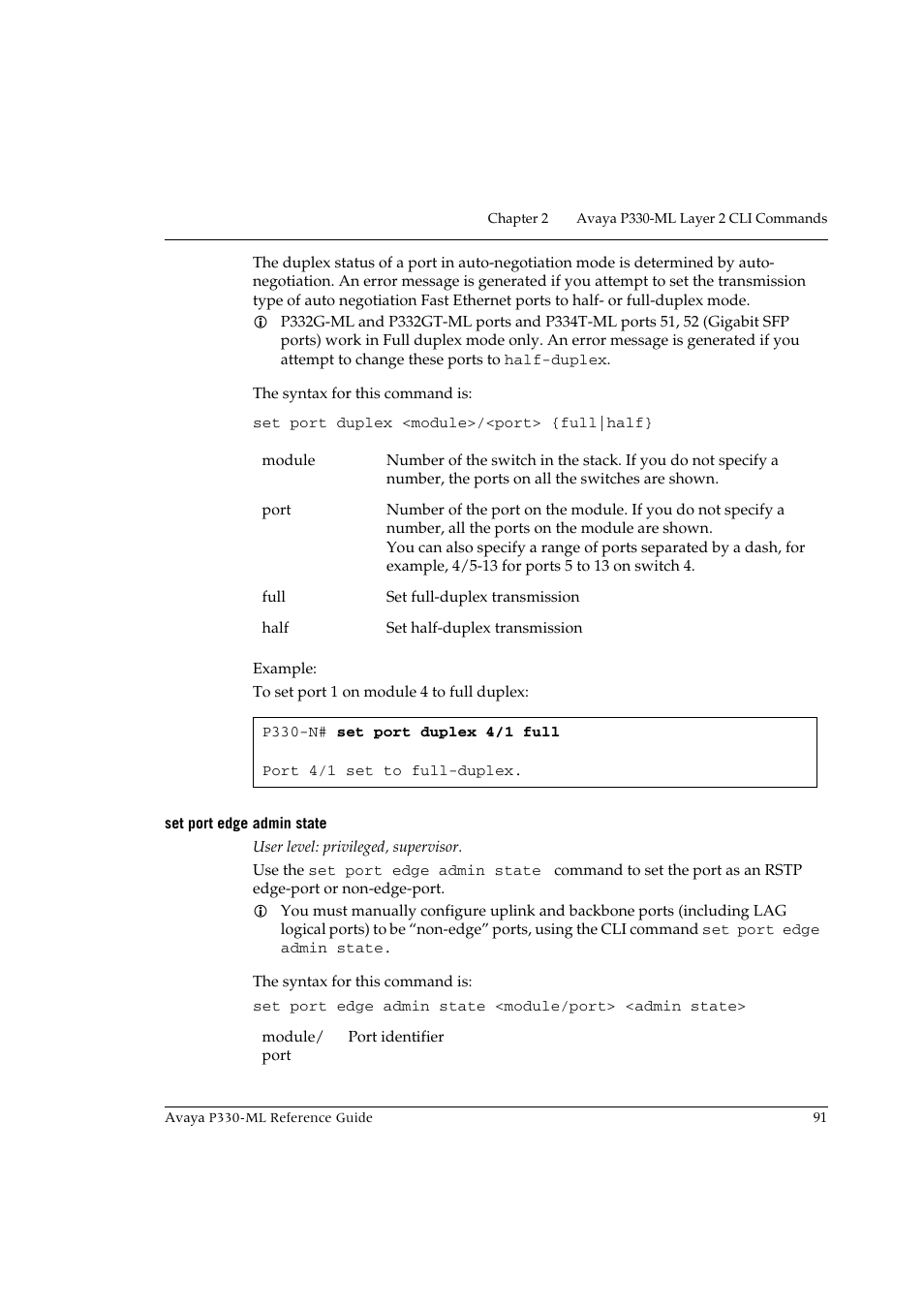 Set port edge admin state | Avaya P330-ML-ML User Manual | Page 105 / 320