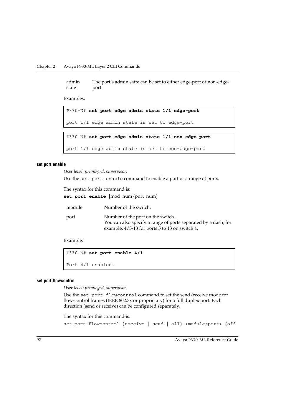 Set port enable, Set port flowcontrol, Set port enable set port flowcontrol | Avaya P330-ML-ML User Manual | Page 106 / 320