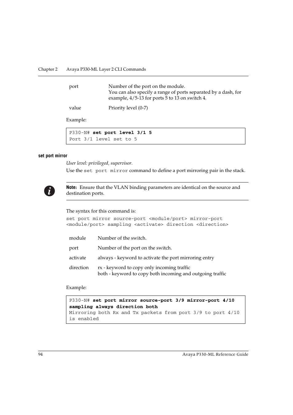 Set port mirror | Avaya P330-ML-ML User Manual | Page 108 / 320