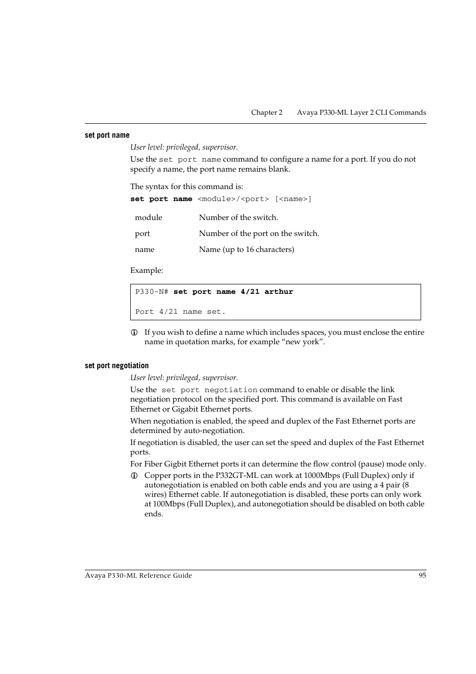 Set port name, Set port negotiation | Avaya P330-ML-ML User Manual | Page 109 / 320