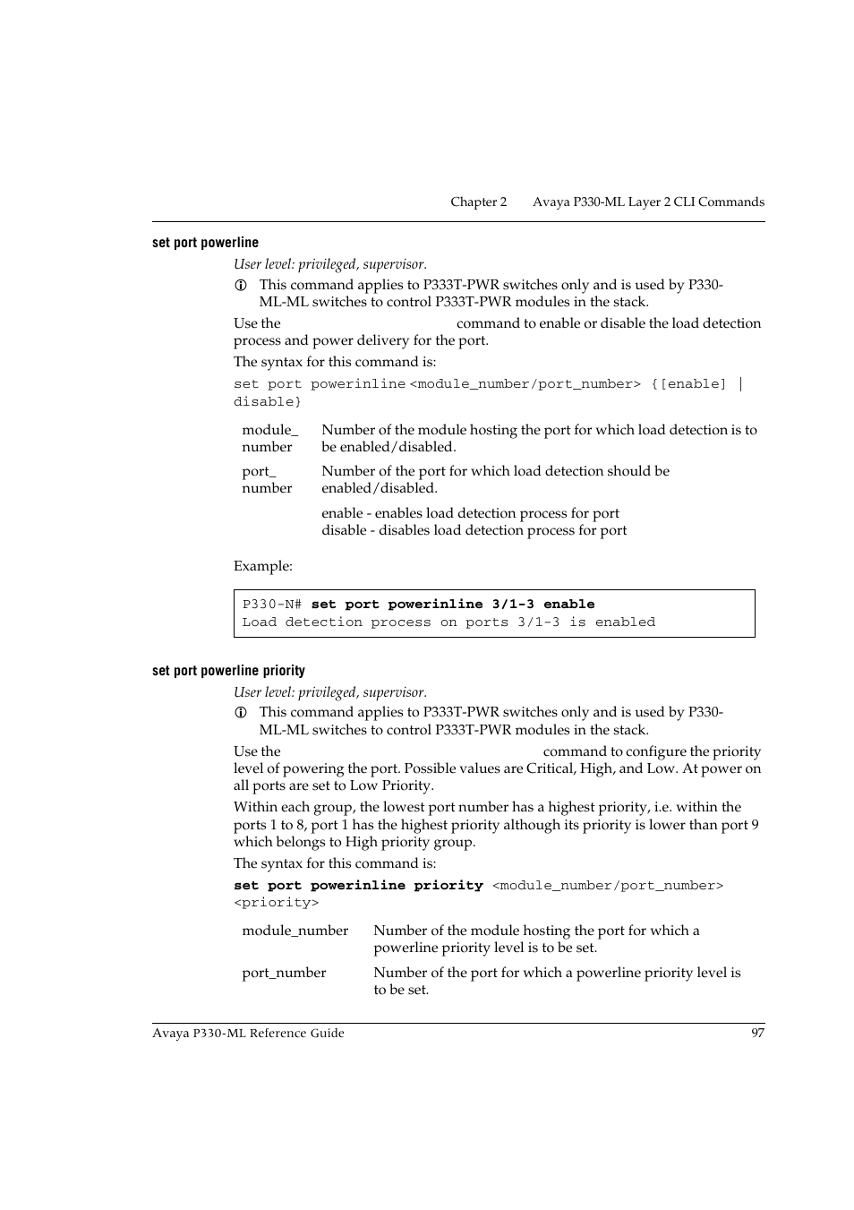 Set port powerline, Set port powerline priority, Set port powerline set port powerline priority | Avaya P330-ML-ML User Manual | Page 111 / 320