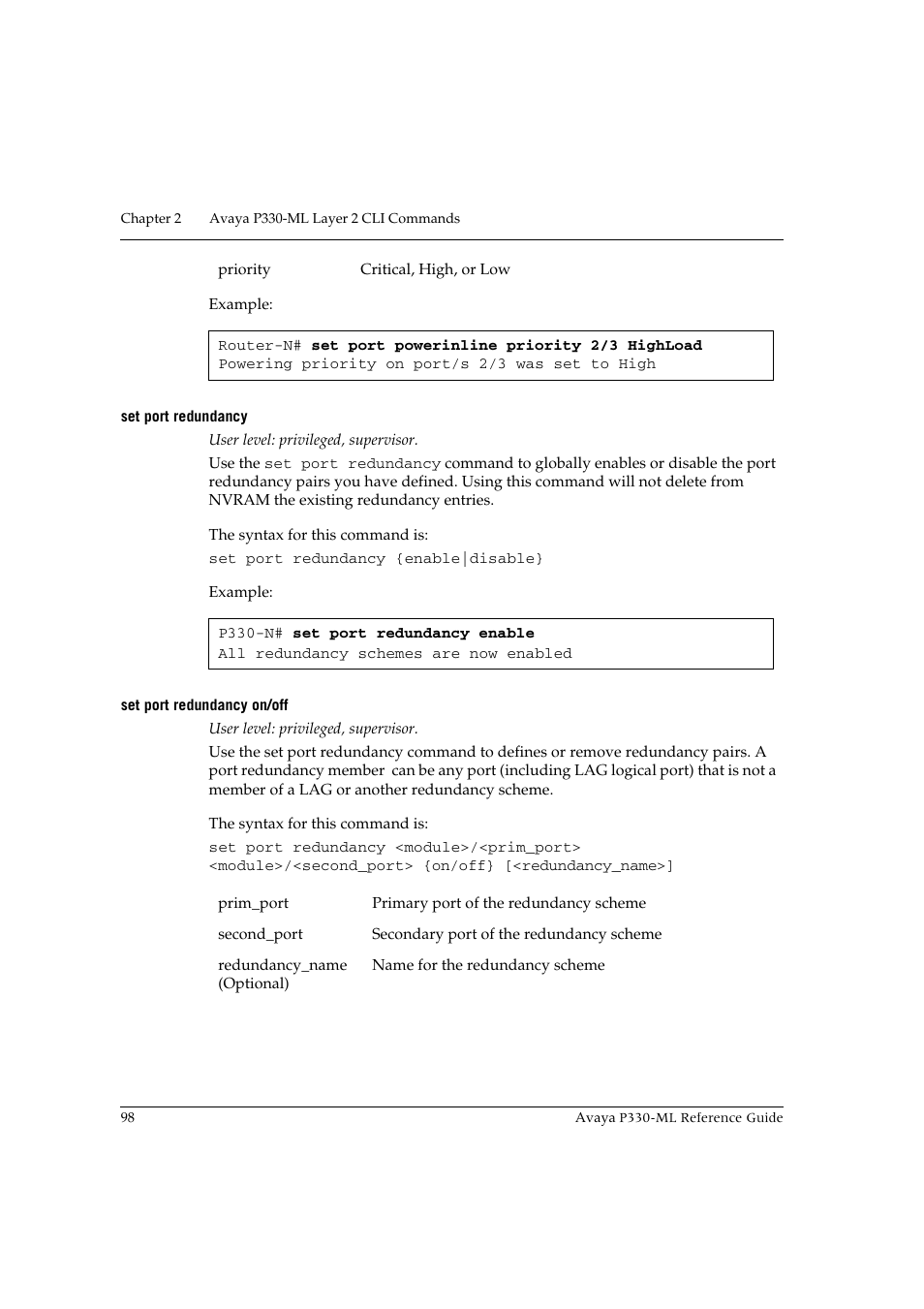 Set port redundancy, Set port redundancy on/off, Set port redundancy set port redundancy on/off | Avaya P330-ML-ML User Manual | Page 112 / 320
