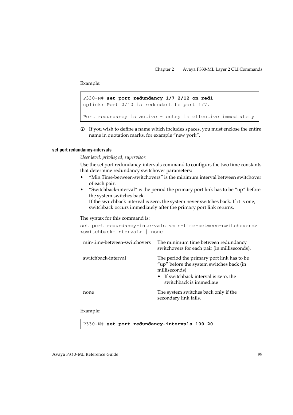 Set port redundancy-intervals | Avaya P330-ML-ML User Manual | Page 113 / 320