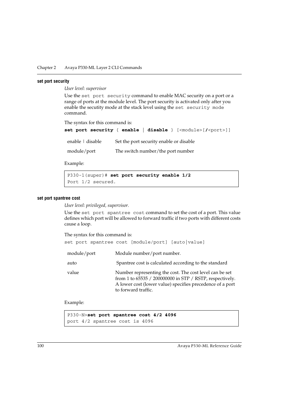 Set port security, Set port spantree cost, Set port security set port spantree cost | Avaya P330-ML-ML User Manual | Page 114 / 320