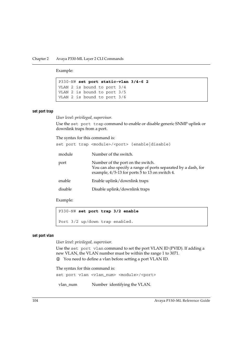 Set port trap, Set port vlan, Set port trap set port vlan | Avaya P330-ML-ML User Manual | Page 118 / 320