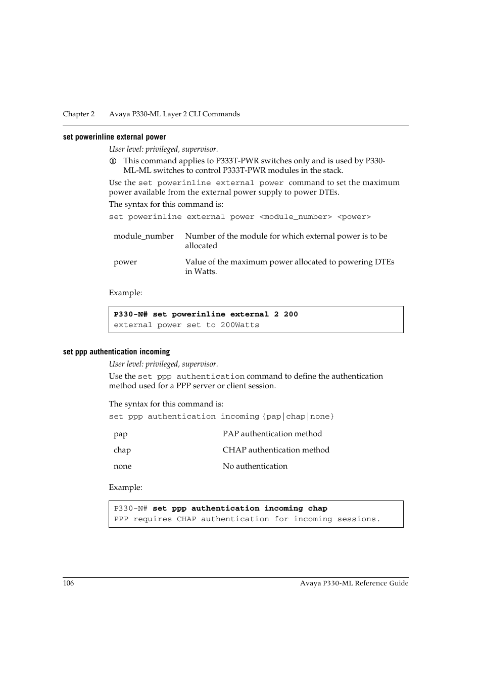Set powerinline external power, Set ppp authentication incoming | Avaya P330-ML-ML User Manual | Page 120 / 320
