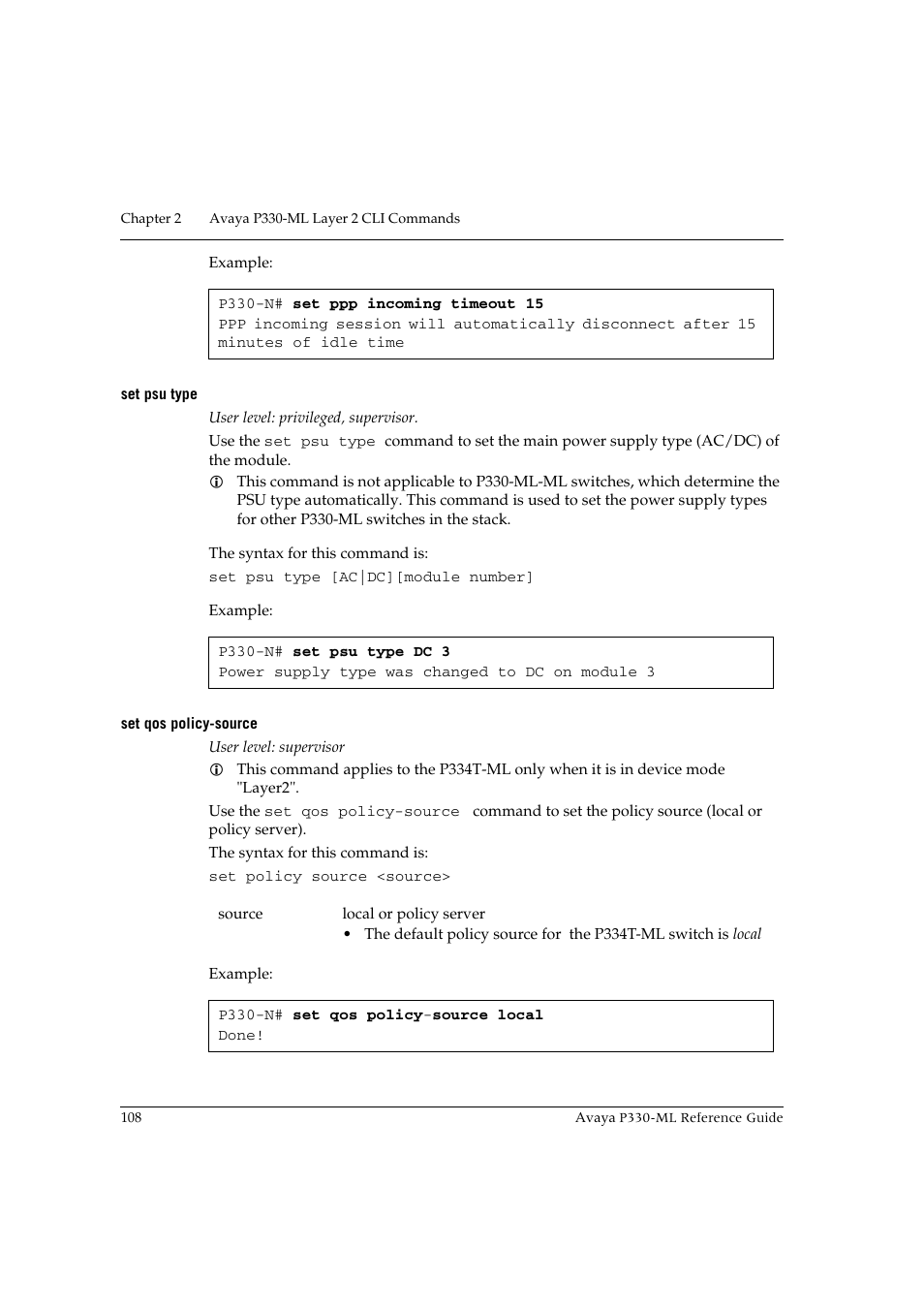 Set psu type, Set qos policy-source, Set psu type set qos policy-source | Avaya P330-ML-ML User Manual | Page 122 / 320