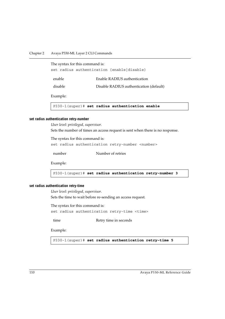 Set radius authentication retry-number, Set radius authentication retry-time | Avaya P330-ML-ML User Manual | Page 124 / 320