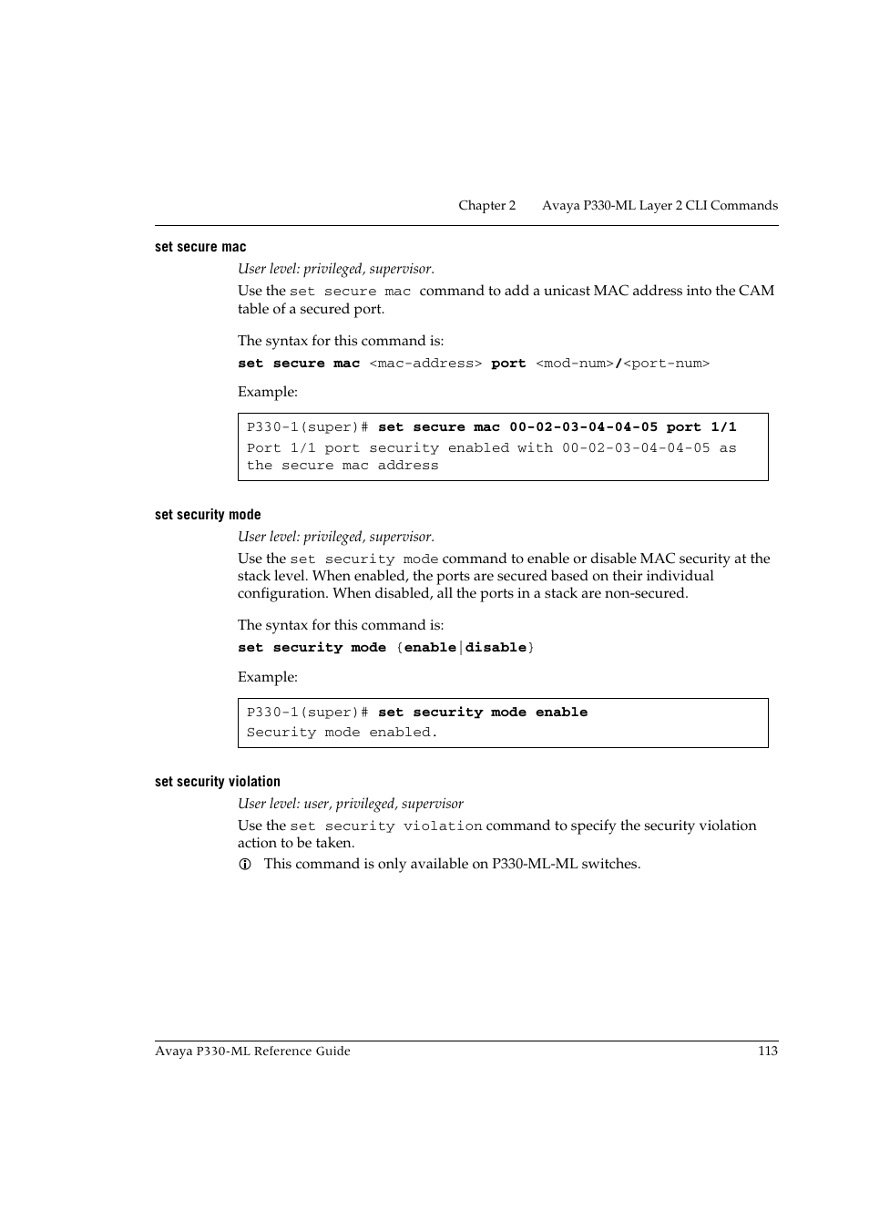 Set secure mac, Set security mode, Set security violation | Avaya P330-ML-ML User Manual | Page 127 / 320