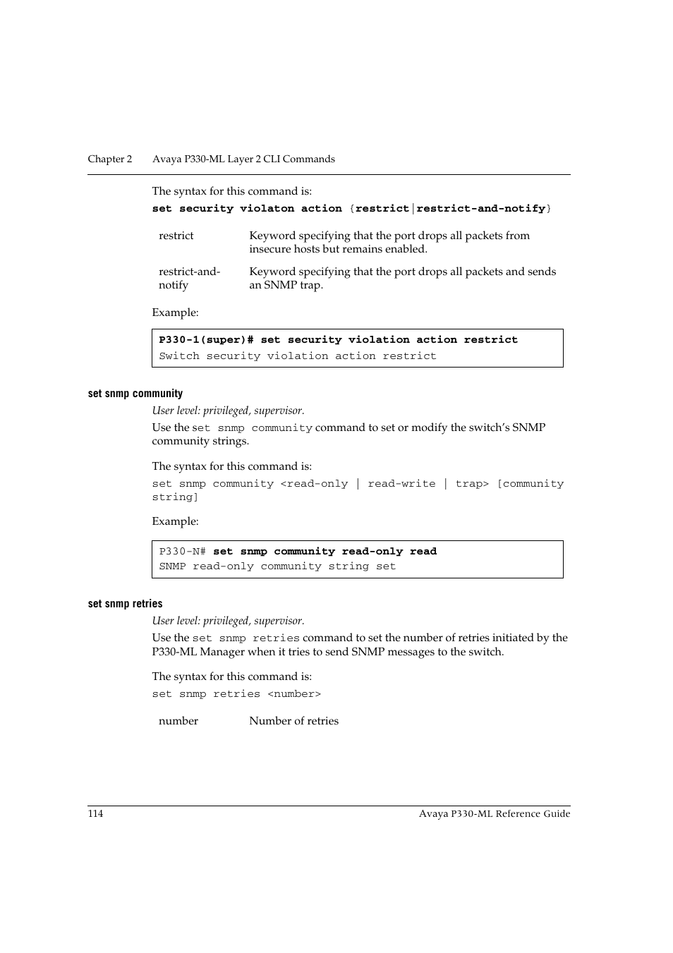 Set snmp community, Set snmp retries, Set snmp community set snmp retries | Avaya P330-ML-ML User Manual | Page 128 / 320