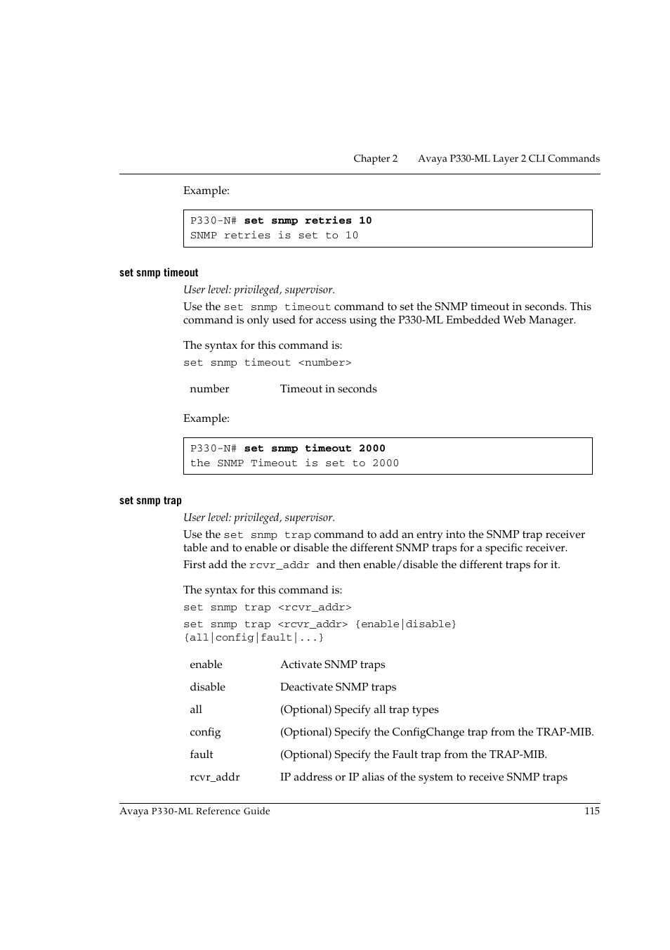 Set snmp timeout, Set snmp trap, Set snmp timeout set snmp trap | Avaya P330-ML-ML User Manual | Page 129 / 320