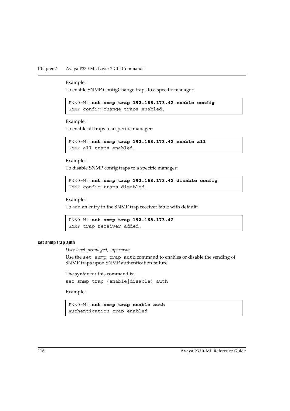 Set snmp trap auth | Avaya P330-ML-ML User Manual | Page 130 / 320