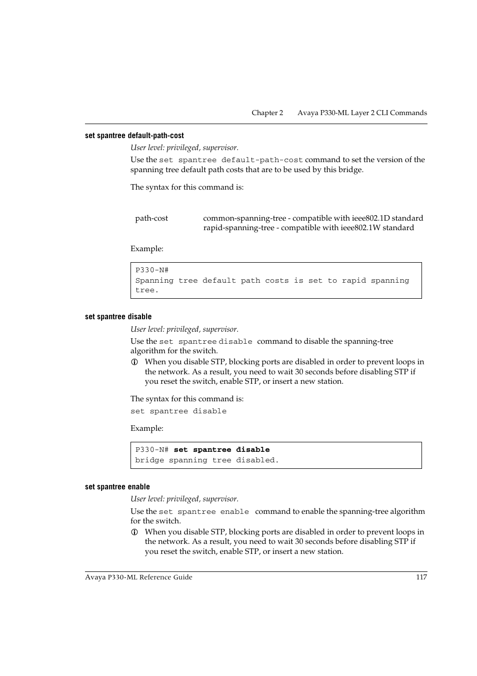 Set spantree default-path-cost, Set spantree disable, Set spantree enable | Avaya P330-ML-ML User Manual | Page 131 / 320