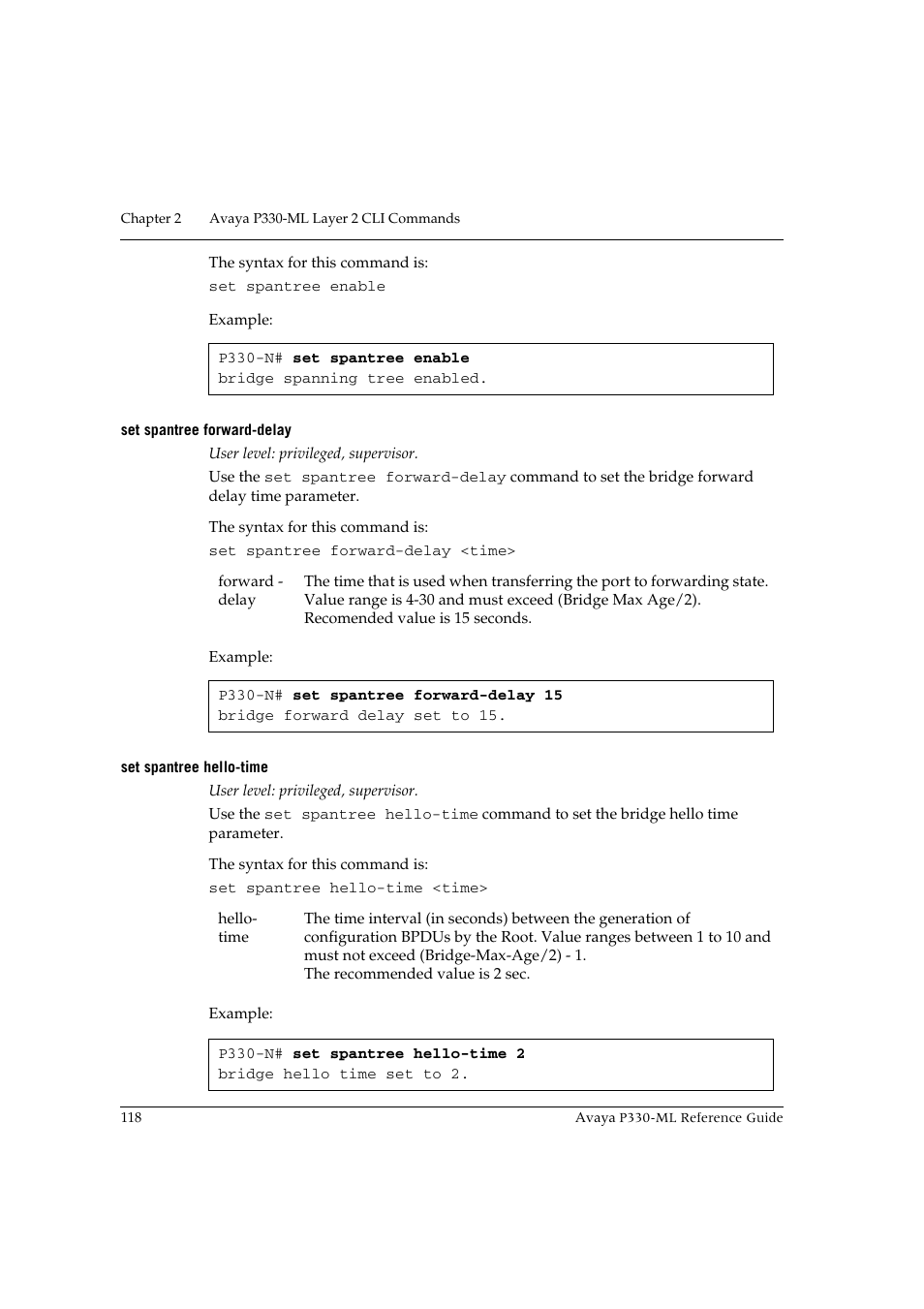 Set spantree forward-delay, Set spantree hello-time | Avaya P330-ML-ML User Manual | Page 132 / 320