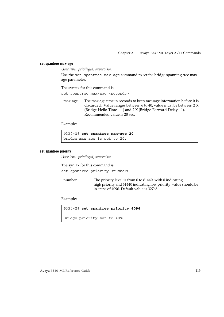Set spantree max-age, Set spantree priority, Set spantree max-age set spantree priority | Avaya P330-ML-ML User Manual | Page 133 / 320