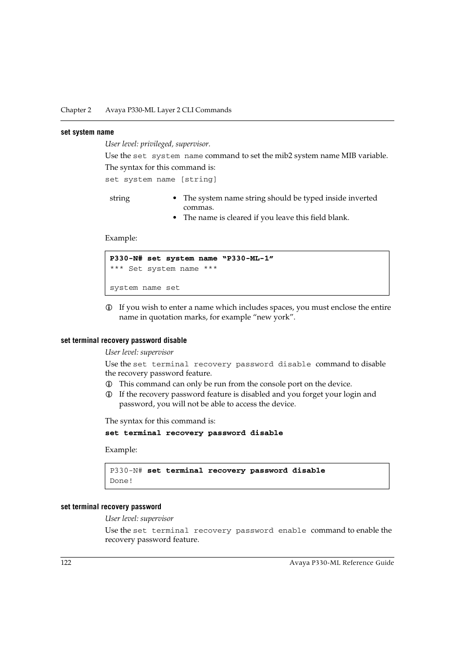 Set system name, Set terminal recovery password disable, Set terminal recovery password | Avaya P330-ML-ML User Manual | Page 136 / 320