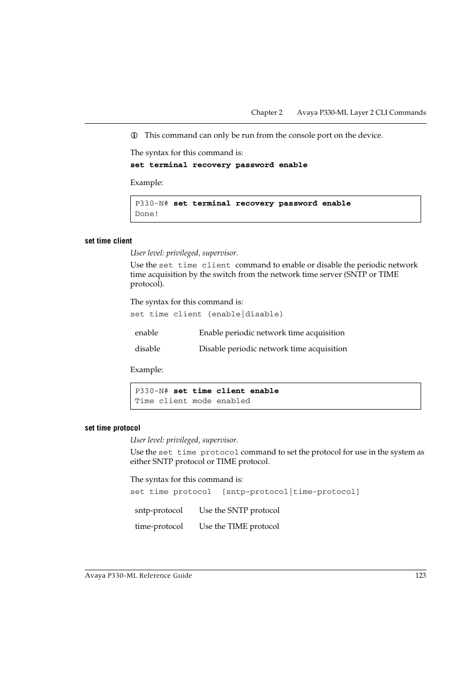 Set time client, Set time protocol, Set time client set time protocol | Avaya P330-ML-ML User Manual | Page 137 / 320