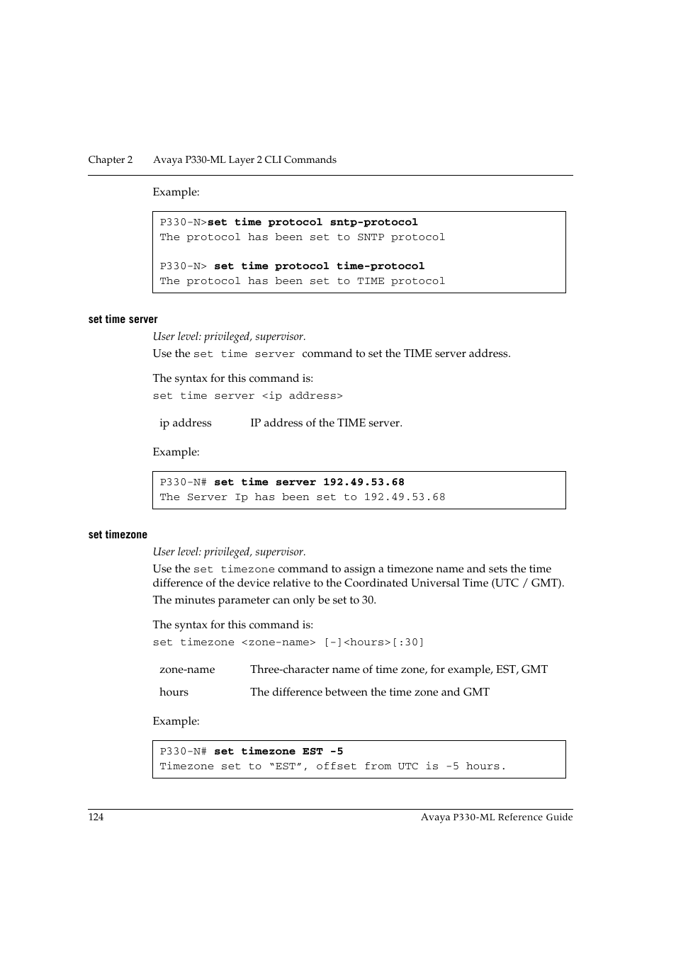 Set time server, Set timezone, Set time server set timezone | Avaya P330-ML-ML User Manual | Page 138 / 320