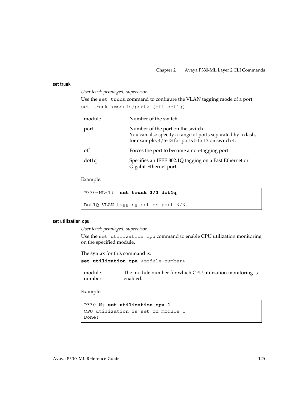 Set trunk, Set utilization cpu, Set trunk set utilization cpu | Avaya P330-ML-ML User Manual | Page 139 / 320