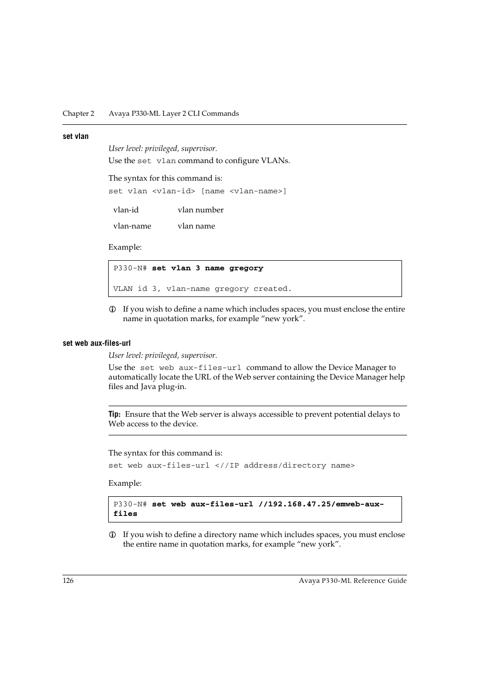 Set vlan, Set web aux-files-url, Set vlan set web aux-files-url | Avaya P330-ML-ML User Manual | Page 140 / 320