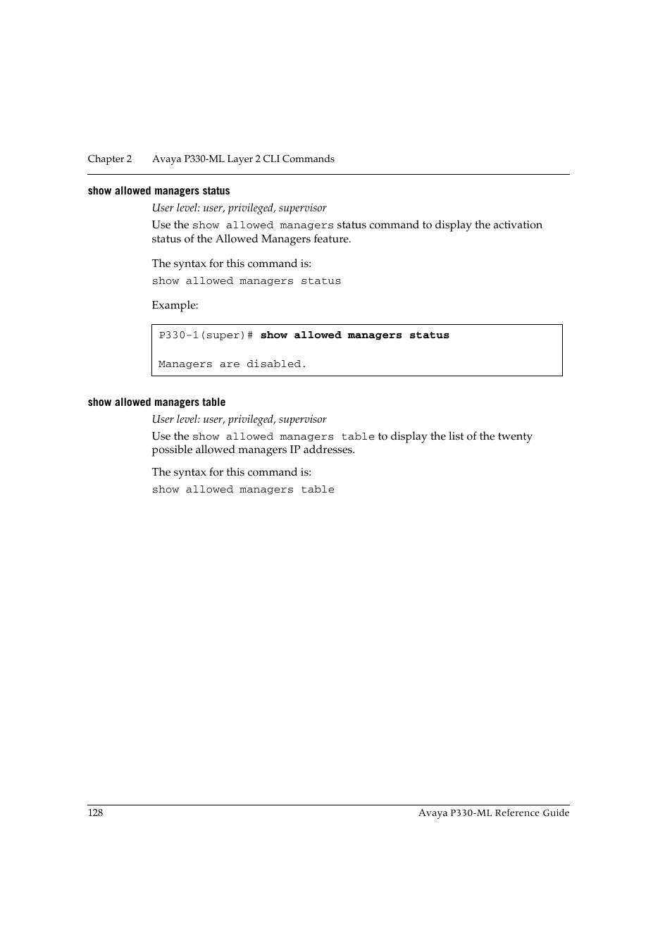 Show allowed managers status, Show allowed managers table | Avaya P330-ML-ML User Manual | Page 142 / 320