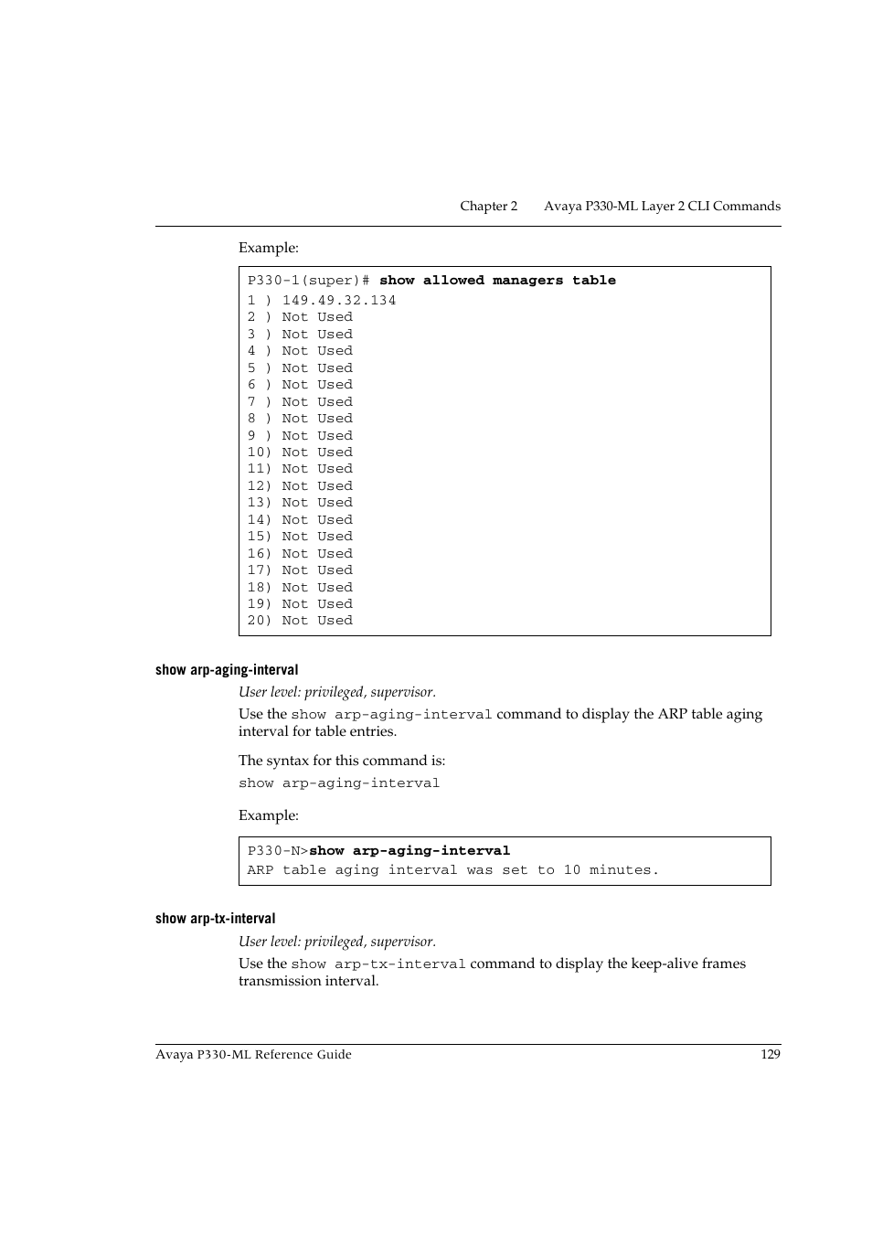 Show arp-aging-interval, Show arp-tx-interval, Show arp-aging-interval show arp-tx-interval | Avaya P330-ML-ML User Manual | Page 143 / 320