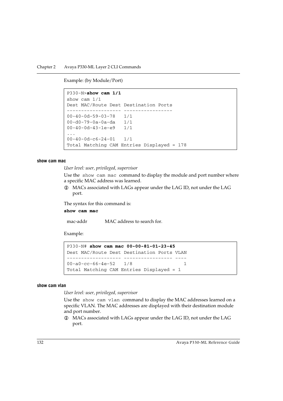 Show cam mac, Show cam vlan, Show cam mac show cam vlan | Avaya P330-ML-ML User Manual | Page 146 / 320